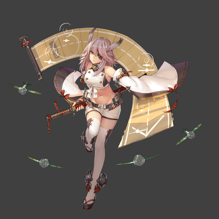 aircraft airplane animal_ears azur_lane bad_id bad_pixiv_id bangs bare_shoulders bell belt black_gloves bow breasts brown_eyes buttons chrysanthemum crop_top detached_sleeves do2mi_doreimi eyepatch fighter_jet fingerless_gloves fingernails flight_deck flower full_body geta gloves grey_background groin hair_between_eyes hair_over_one_eye highres hiyou_(azur_lane) horse_ears horse_girl jet jingle_bell katana leg_up long_fingernails long_hair long_sleeves looking_at_viewer medium_breasts midriff military military_vehicle navel official_art purple_hair red_bow ribbon-trimmed_clothes ribbon-trimmed_sleeves ribbon_trim sakuramon scroll sheath sheathed shirt short_shorts shorts sidelocks sleeveless sleeveless_shirt solo standing standing_on_one_leg stomach sword tachi-e thighhighs weapon weiyinji_xsk white_legwear white_shirt white_shorts wide_sleeves yellow_eyes