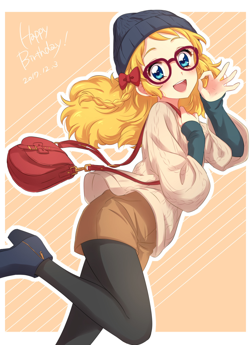 :d aikatsu! aikatsu!_(series) ankle_boots bag beanie black_legwear blonde_hair blue_eyes blue_footwear boots bow brown_shorts casual dated english from_side glasses hair_bow happy_birthday hat high_heel_boots high_heels highres long_hair long_sleeves looking_at_viewer looking_to_the_side ok_sign open_mouth pantyhose pink_background red-framed_eyewear red_bow saegusa_kii sekina short_shorts shorts shoulder_bag smile solo standing standing_on_one_leg sweater