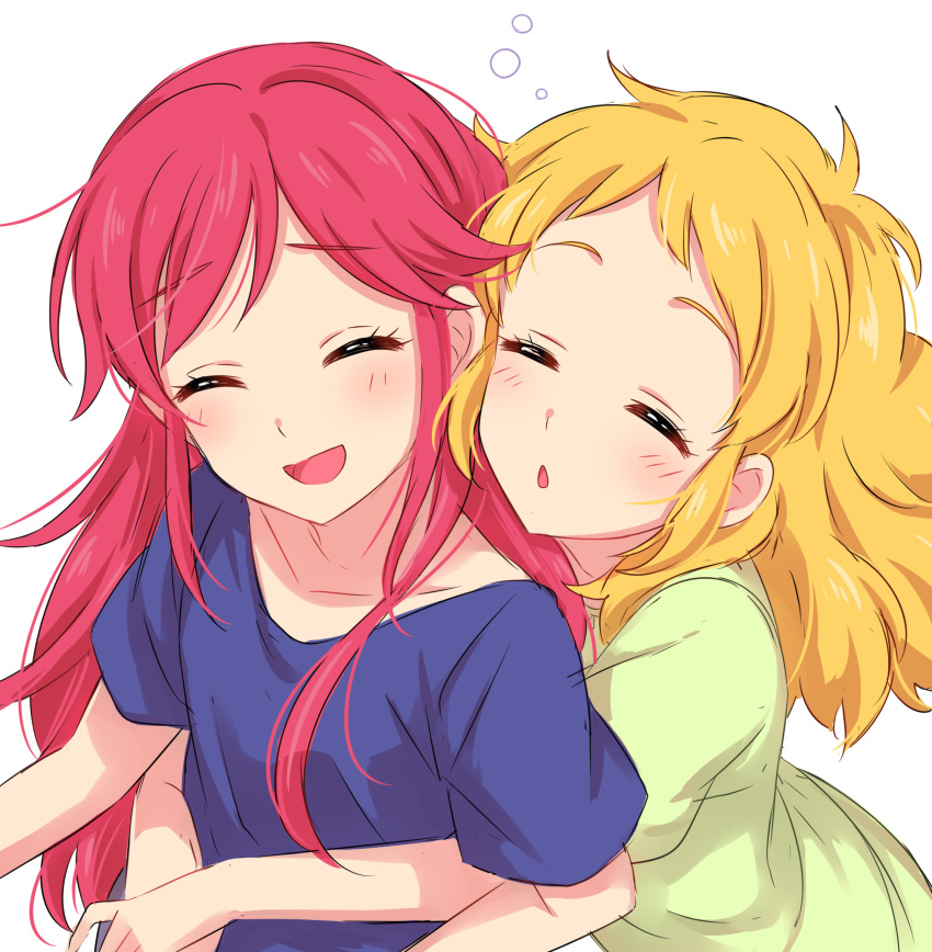 :d aikatsu! aikatsu!_(series) bangs blonde_hair blue_shirt blush closed_eyes facing_viewer green_shirt highres hug hug_from_behind laughing long_hair multiple_girls open_mouth otoshiro_seira parted_lips pink_hair saegusa_kii sekina shirt short_sleeves simple_background smile white_background