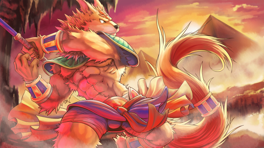 2018 abs absurd_res anthro biceps canine clothed clothing deity digital_media_(artwork) egyptian_mythology fur hi_res jackal kemono male mammal muscular muscular_male mythology pecs puzzle_&amp;_dragons set topless tupidwithouts video_games