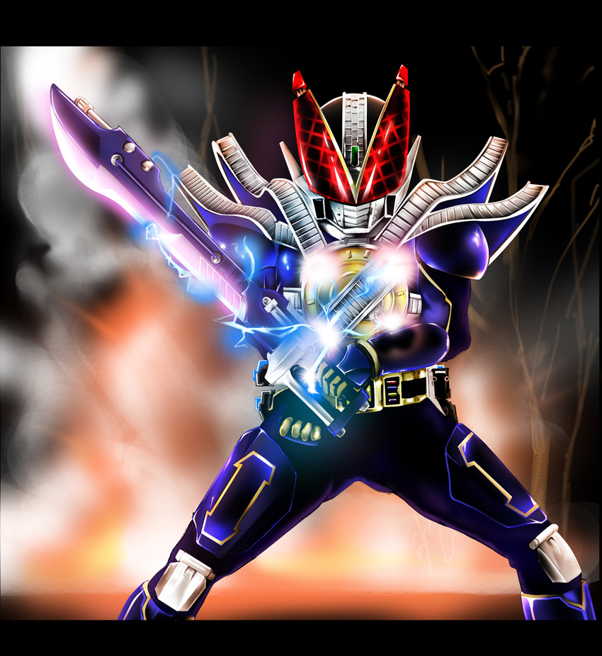 bad_id bad_pixiv_id belt electricity kamen_rider kamen_rider_den-o_(series) kamen_rider_new_den-o letterboxed looking_at_viewer male_focus nof solo sword weapon