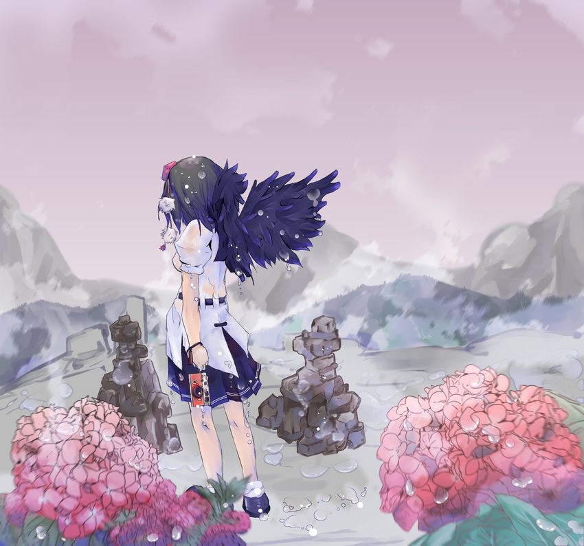 black_hair black_wings camera flower hat highres nazo sad shameimaru_aya short_hair solo tokin_hat touhou wet wet_clothes wings