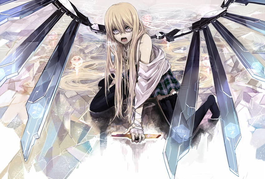 arm_support armored_core armored_core_4 bandages black_legwear blonde_hair jewelry kneeling long_hair mechanical_wings no_shoes noblesse_oblige_(armored_core) open_mouth original plaid plaid_skirt ring saliva shrimpman silver_eyes skirt solo tears thighhighs wings zettai_ryouiki