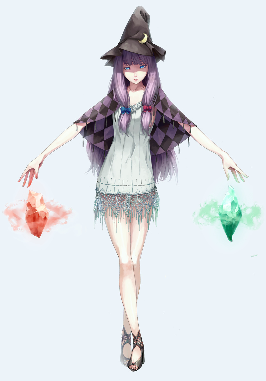 alternate_costume blue_eyes capelet contemporary crescent crossed_legs crystal full_body gem hat high_heels highres legs long_hair looking_at_viewer outstretched_arms patchouli_knowledge purple_hair realistic ribbon rock sandals shoes simple_background solo sousou_(sousouworks) standing touhou watson_cross witch_hat