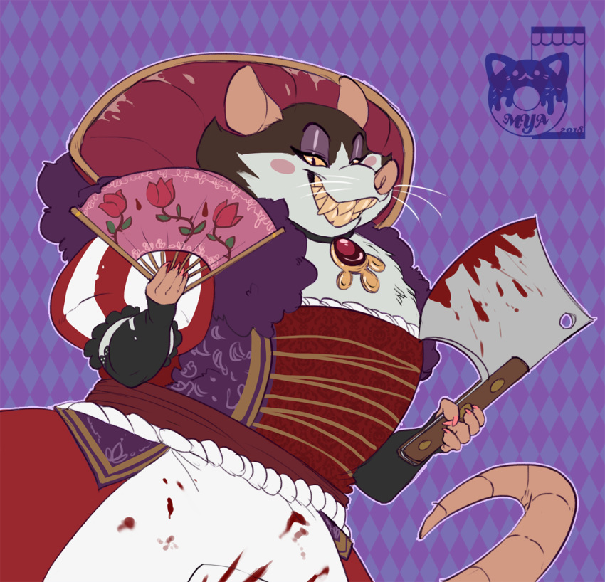 2018 anthro apron armello bedroom_eyes blood cleaver clothed clothing fan_(disambiguation) fangs female grin griotte_(armello) half-closed_eyes jewelry looking_at_viewer mammal melee_weapon myan_(artist) necklace rat rodent seductive smile solo stole teeth weapon