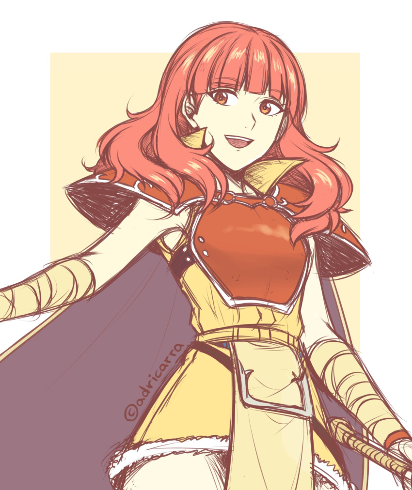 adricarra armor bandaged_arm bandages breastplate cape celica_(fire_emblem) commentary dress fire_emblem fire_emblem_echoes:_mou_hitori_no_eiyuuou fire_emblem_gaiden fire_emblem_heroes highres long_hair open_mouth pelvic_curtain red_eyes red_hair shoulder_armor simple_background sleeveless solo twitter_username
