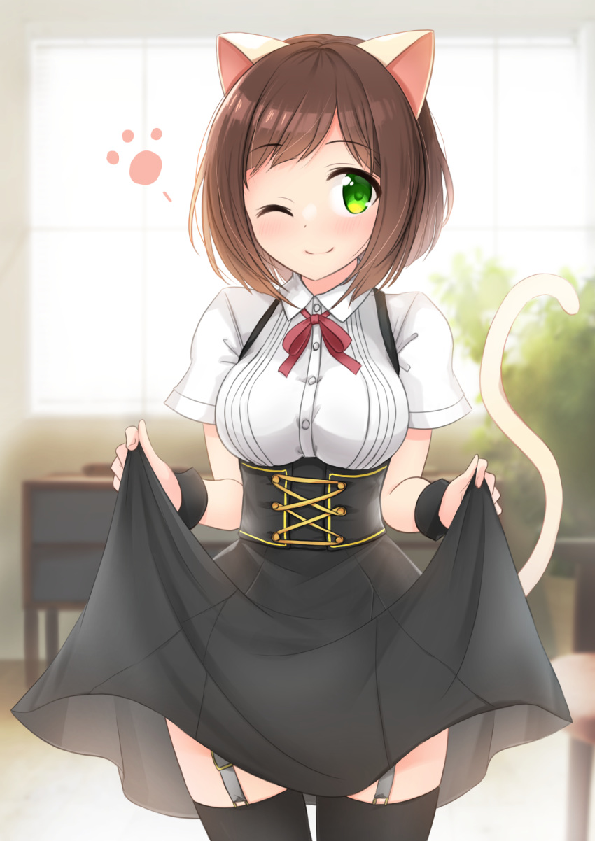 animal_ears bangs black_legwear black_skirt blush breasts brown_hair buttons cat_ears cat_tail closed_mouth collared_shirt commentary_request eyes_visible_through_hair garter_straps green_eyes highres idolmaster idolmaster_cinderella_girls indoors kibihimi lifted_by_self looking_at_viewer maekawa_miku plant potted_plant shirt short_hair short_sleeves skirt skirt_hold smile solo tail thighhighs white_shirt window wrist_cuffs