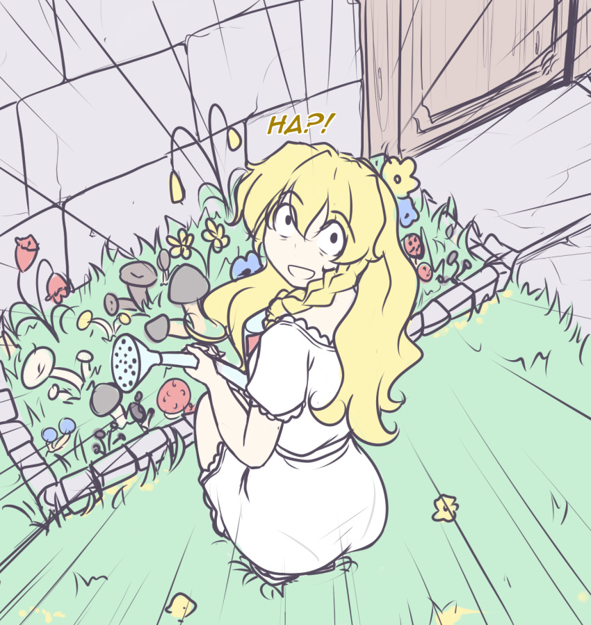 :d alternate_costume ass bangs black_eyes blonde_hair blue_flower braid brick_wall commentary constricted_pupils door dress emphasis_lines english english_commentary eyebrows_visible_through_hair flat_color flower from_behind grass hair_between_eyes hater_(hatater) highres holding_watering_can kirisame_marisa long_hair looking_at_viewer looking_back mushroom no_hat no_headwear open_mouth outdoors red_flower short_sleeves side_braid single_braid sketch smile solo squatting touhou watering_can white_dress yellow_flower