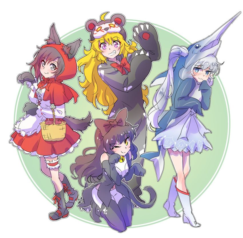 ahoge animal_costume animal_ears black_hair blake_belladonna blonde_hair blue_eyes cape cloak coattails commentary costume gradient_hair highres hood hooded_cloak iesupa long_hair multicolored_hair multiple_girls pantyhose ponytail purple_eyes red_cape red_hair ruby_rose rwby scar scar_across_eye short_hair side_ponytail silver_eyes two-tone_hair wavy_hair weiss_schnee white_hair yang_xiao_long yellow_eyes