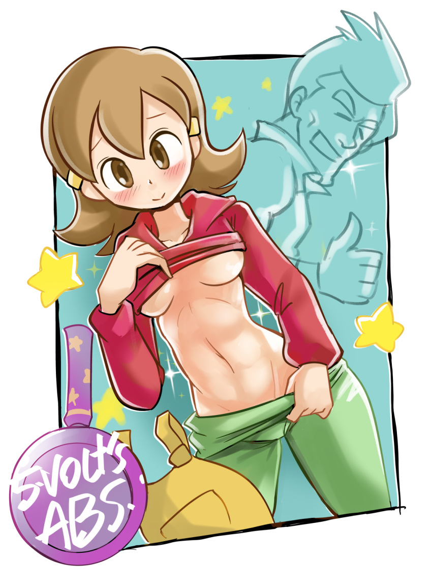 1girl 5-volt abs apron apron_removed blush breasts brown_eyes brown_hair character_name commentary dutch_angle english flipped_hair frying_pan grin hair_ornament highres hood hoodie lifted_by_self mature mr._sparkles navel pants_pull pulled_by_self robojanai shirt_lift smile solo_focus star thumbs_up underboob warioware