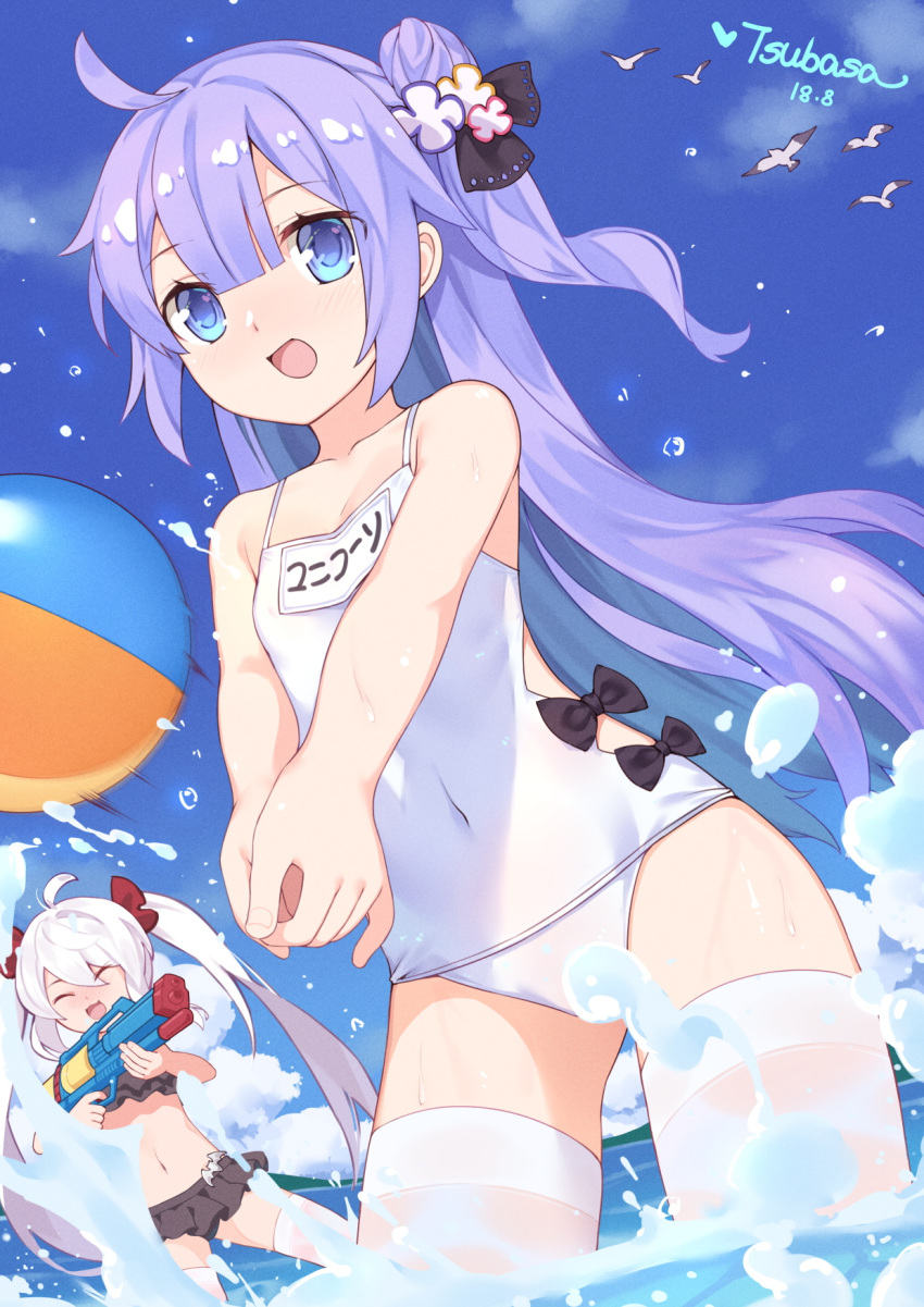 :d ^_^ adapted_costume ahoge animal azur_lane ball bangs bare_arms bare_shoulders beachball bikini bird black_bikini black_bow black_ribbon blue_eyes blue_sky blush bow breasts closed_eyes cloud collarbone commentary covered_navel dated day dutch_angle eyebrows_visible_through_hair fingernails hair_between_eyes hair_bun hair_ribbon highres holding long_hair multiple_girls name_tag ocean old_school_swimsuit one-piece_swimsuit one_side_up open_mouth outdoors purple_hair red_ribbon ribbon school_swimsuit seagull see-through side_bun signature silver_hair sky small_breasts smile solo_focus standing swimsuit thighhighs translated tsubasa_tsubasa twintails unicorn_(azur_lane) vampire_(azur_lane) very_long_hair wading water water_gun wet_thighhighs white_legwear white_school_swimsuit white_swimsuit