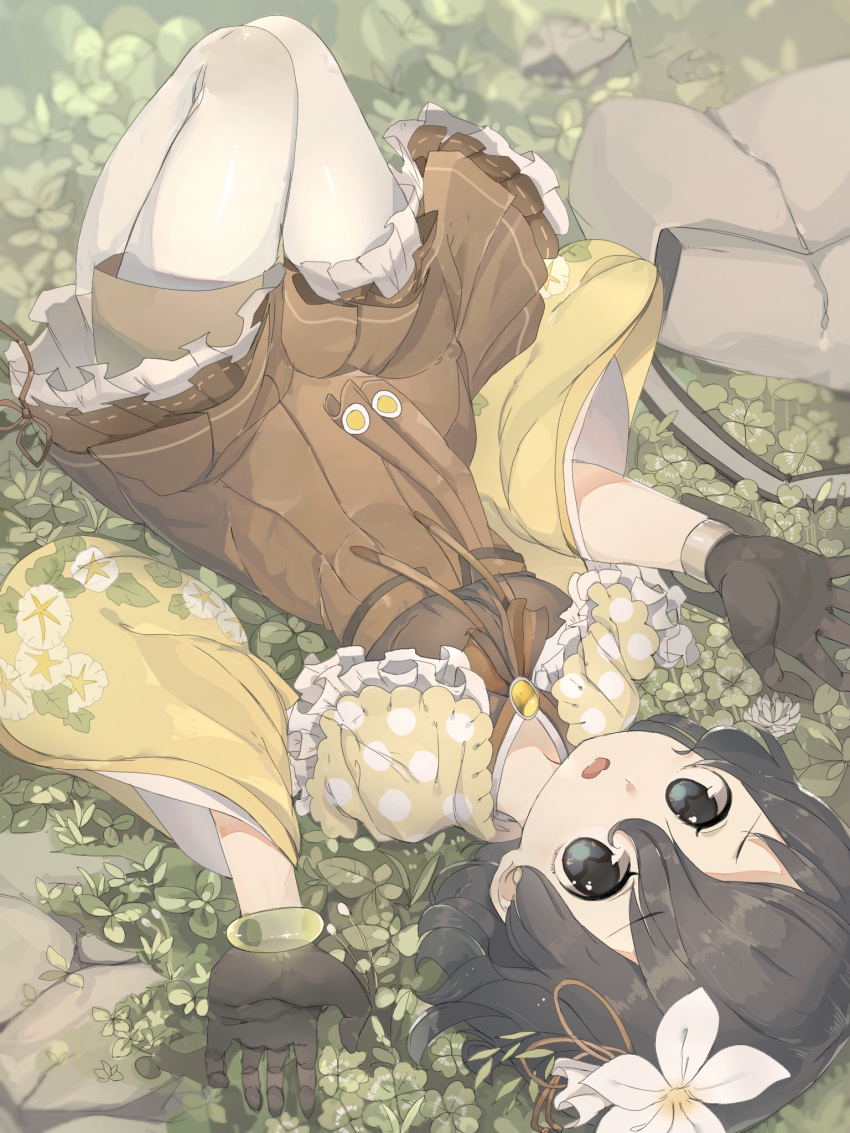 alternate_costume bag bag_removed black_eyes black_gloves black_hair capelet clover commentary_request cosplay cuisine_dimension dress eyebrows_visible_through_hair flower four-leaf_clover frilled_capelet frills full_body gloves hair_between_eyes hair_flower hair_ornament highres kaban_(kemono_friends) kemono_friends knees_up legs_together looking_at_viewer lying mochorinpun muted_color on_back open_mouth pantyhose pantyhose_under_shorts short_dress short_hair shorts shorts_under_dress solo tamagoyaki_(cuisine_dimension) tamagoyaki_(cuisine_dimension)_(cosplay) upside-down wavy_hair wide_sleeves
