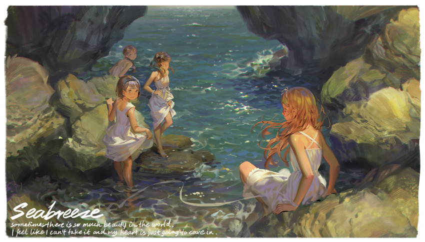 alphonse_(white_datura) bare_shoulders barefoot blonde_hair bow braid brown_eyes brown_hair day dress dress_lift english glasses hair_bow hair_over_shoulder hairband highres lifted_by_self long_hair looking_at_another looking_at_viewer looking_away multiple_girls open_mouth original outdoors red-framed_eyewear rock short_hair sitting smile standing strapless strapless_dress water white_dress wind