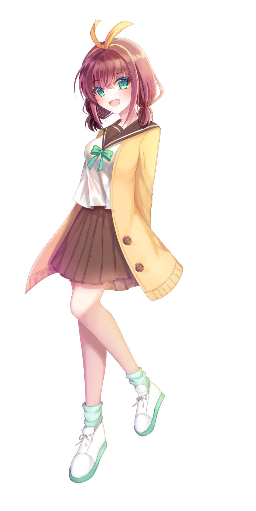 723/nanahumi :d aqua_ribbon arms_behind_back brown_hair brown_skirt eyebrows_visible_through_hair full_body green_eyes hair_between_eyes hair_ribbon hairband highres jacket leg_up looking_at_viewer low_twintails miniskirt neck_ribbon open_clothes open_jacket open_mouth original pleated_skirt ribbon sailor_collar school_uniform shiny shiny_hair shirt short_hair short_twintails simple_background skirt smile socks solo standing standing_on_one_leg twintails white_background white_footwear white_shirt yellow_hairband yellow_jacket yellow_ribbon