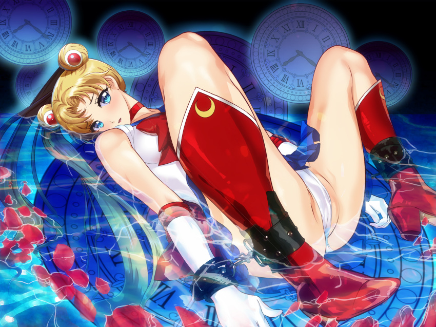 ankle_cuffs arion_canvas ass bdsm bishoujo_senshi_sailor_moon blonde_hair blue_skirt boots bow cameltoe chain choker clock cuffs elbow_gloves foreshortening gloves highres knee_boots long_hair looking_at_viewer magical_girl miniskirt nipples nude partially_visible_vulva petals pleated_skirt red_bow red_footwear red_neckwear restrained sailor_moon sailor_senshi_uniform shackles skirt solo spread_legs tsukino_usagi twintails white_gloves