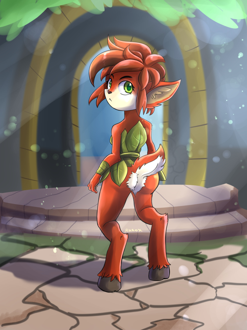 2018 alesarox anthro barefoot butt cervine clothed clothing digital_media_(artwork) elora female fur green_eyes hair hooves mammal partially_clothed satyr solo spyro_the_dragon standing video_games