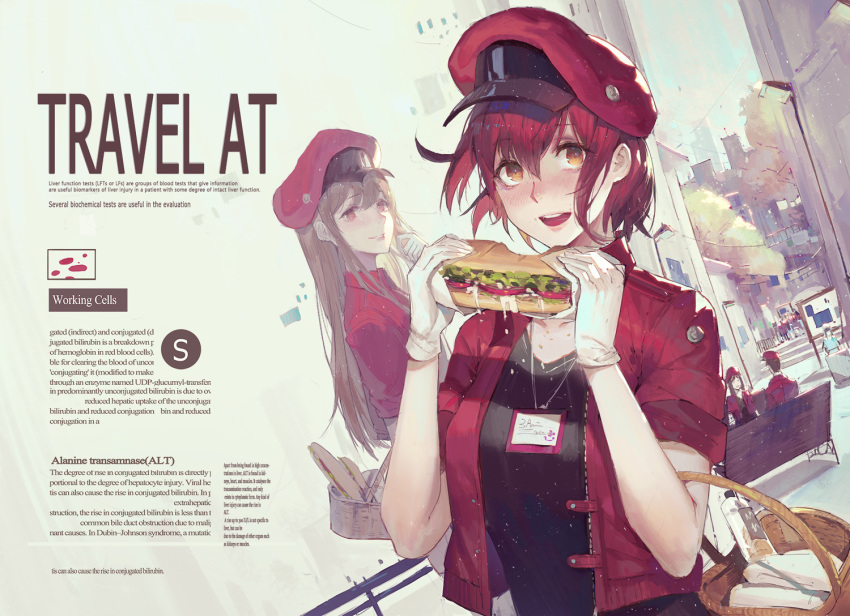 aa-5100 ae-3803 bench blush breasts brown_eyes brown_hair cabbie_hat character_request english extra eyebrows_visible_through_hair faceless food gloves hat hataraku_saibou holding holding_food kuroduki_(pieat) long_hair looking_at_viewer medium_breasts multiple_girls name_tag open_mouth outdoors red_blood_cell_(hataraku_saibou) red_hair red_hat short_hair smile text_focus white_gloves
