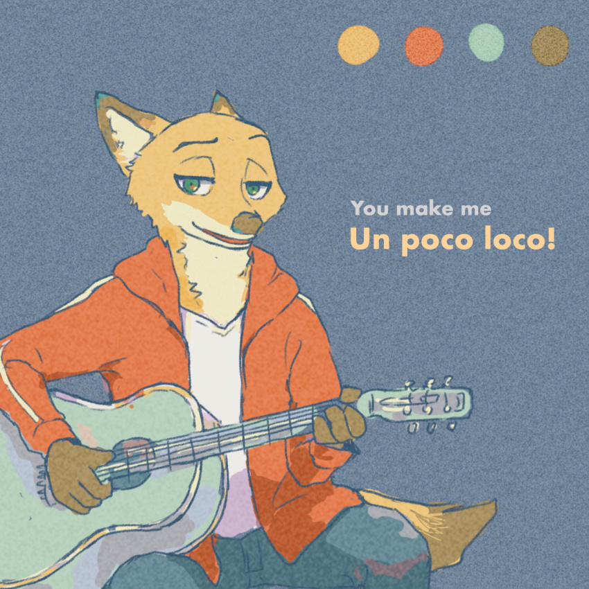 2018 4_fingers anthro blue_background canine clothed clothing coco_(pixar) cosplay crossover disney english_text fox fully_clothed fur g0masolt green_eyes guitar half-closed_eyes hi_res holding_object hoodie jacket looking_at_viewer male mammal multicolored_fur musical_instrument nick_wilde open_mouth orange_fur pants shirt simple_background sitting smile solo spanish_text tan_fur text tongue two_tone_fur zootopia