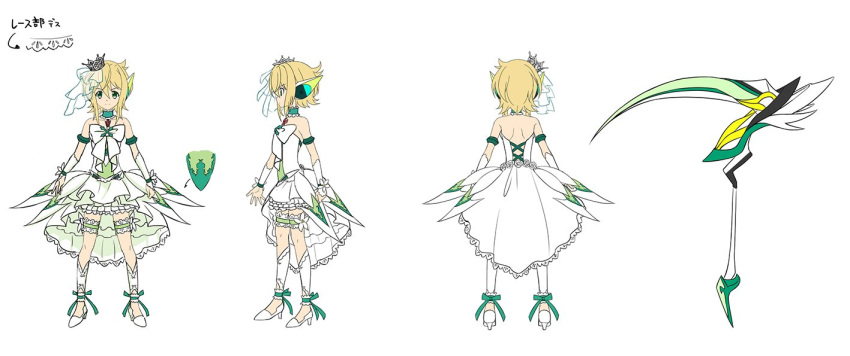 akatsuki_kirika alternate_costume ankle_ribbon armlet artist_request backless_dress backless_outfit bare_shoulders blonde_hair bow character_sheet choker collarbone crown dress flower flower_ornament flower_request frilled_choker frilled_dress frilled_garter frills from_behind from_side green_choker green_dress green_eyes green_garter green_ribbon hair_between_eyes headphones high_heels lace lace-trimmed_skirt layered_dress leg_garter looking_at_viewer mini_crown multiple_views official_art overskirt print_dress profile ribbon rose scythe senki_zesshou_symphogear senki_zesshou_symphogear_xd_unlimited short_dress short_hair shoulder_blades simple_background skirt smile standing symphogear_pendant tilted_headwear translation_request veil wedding_dress white_background white_bow white_dress white_flower white_footwear white_frills white_legwear white_rose white_skirt