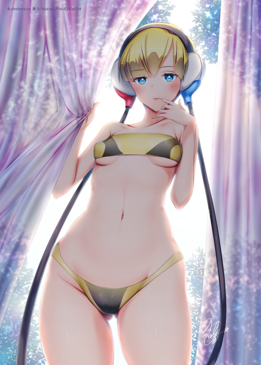 1girl adapted_costume artist_name bikini blonde_hair blue_eyes blush breasts collarbone cowboy_shot creatures_(company) curtain eyebrows_visible_through_hair female finger_to_mouth game_freak gluteal_fold gym_leader hands_up headphones highres kamitsure_(pokemon) lips looking_at_viewer naoto_(yandereheaven) navel nintendo open_mouth pixiv_id pokemon pokemon_(game) pokemon_bw shiny shiny_hair short_hair signature skindentation small_breasts smile solo standing strapless strapless_bikini swimsuit tree underboob watermark yellow_bikini