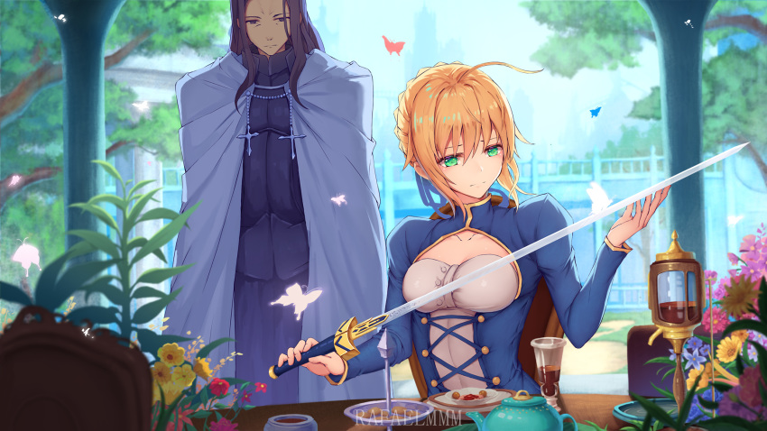 1girl ahoge aqua_eyes armor artist_name artoria_pendragon_(all) backlighting blonde_hair bug butterfly cape chair collarbone commentary cross-laced_clothes day fantasy fate/zero fate_(series) flower glass gold_trim highres holding holding_sword holding_weapon insect kettle lancelot_(fate/zero) outdoors purple_eyes purple_hair rafael-m saber sitting sword table tower tray tree underbust watermark weapon