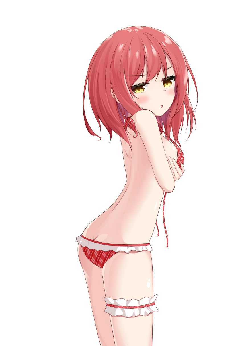absurdres ass bare_arms bare_shoulders bikini blush breasts brown_eyes butt_crack commentary_request fingernails frilled_bikini frills highres leaning_forward leg_garter long_hair looking_at_viewer looking_to_the_side original parted_lips plaid plaid_bikini red_bikini red_hair roido_(taniko-t-1218) simple_background small_breasts solo swimsuit untied untied_bikini white_background