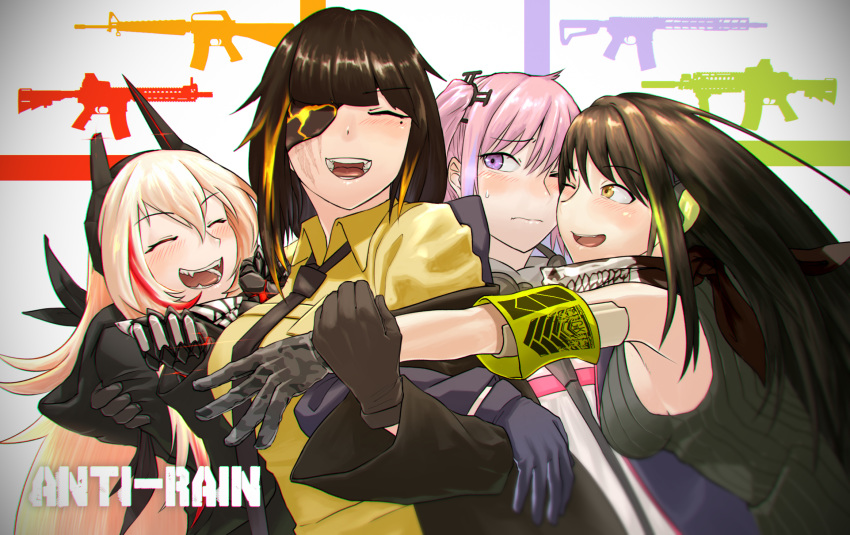 anti-rain_(girls_frontline) ar-15 armband assault_rifle bangs black_neckwear black_ribbon blonde_hair blue_eyes blush braid breasts brown_eyes brown_hair camouflage_gloves cheek-to-cheek closed_mouth collared_shirt commentary dress eyebrows_visible_through_hair eyepatch fangs girls_frontline gloves group_hug gun hair_between_eyes hair_ornament hair_ribbon half-closed_eye headgear headphones highres hug jacket long_hair long_sleeves looking_at_viewer m16a1 m16a1_(girls_frontline) m4_carbine m4_sopmod_ii_(girls_frontline) m4a1_(girls_frontline) medium_breasts mk_18_carbine mole mole_under_eye multicolored_hair multiple_girls necktie off_shoulder one_eye_closed one_side_up open_mouth pink_hair prosthesis prosthetic_arm red_hair ribbed_sweater ribbon rifle scar scar_across_eye scarf sd_bigpie shirt sidelocks smile st_ar-15_(girls_frontline) streaked_hair sweatdrop sweater sweater_vest weapon yellow_shirt