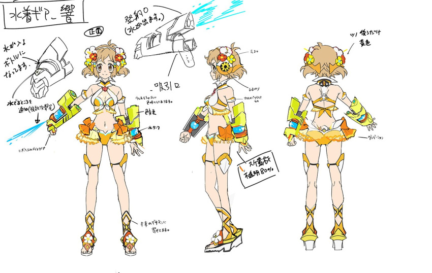 alternate_costume antenna_hair arm_up armlet artist_request ass ass_visible_through_thighs bare_shoulders bikini bow bow_bikini breasts character_sheet clenched_hand commentary_request flower flower_request from_behind from_side gauntlets hair_flower hair_ornament headphones kneepits light_brown_eyes light_brown_hair looking_at_viewer mecha_musume medium_breasts multiple_views navel official_art open_hand orange_bikini orange_bow platform_footwear profile red_flower sandals senki_zesshou_symphogear senki_zesshou_symphogear_xd_unlimited shoulder_blades simple_background smile standing swimsuit symphogear_pendant tachibana_hibiki_(symphogear) thighlet toes translation_request white_background white_flower white_footwear yellow_flower