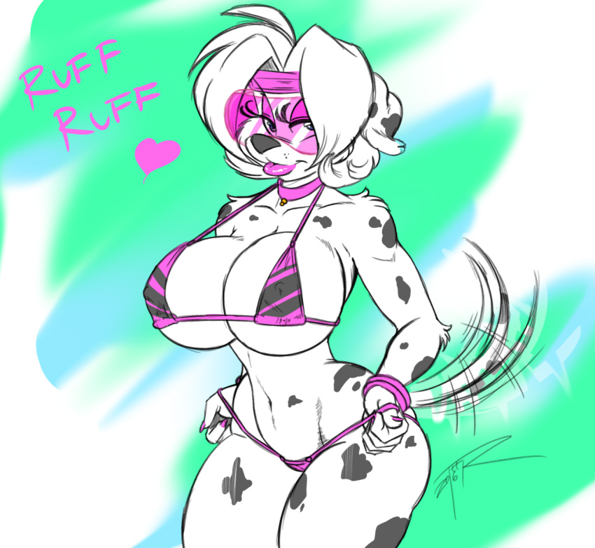 &lt;3 2016 abstract_background anthro big_breasts bikini black_spots breasts canine cleavage clothed clothing dal_(joelasko) dalmatian dog female floppy_ears fur huge_breasts low_res mammal portrait side_boob skimpy solo spots spotted_fur swimsuit teer three-quarter_portrait under_boob