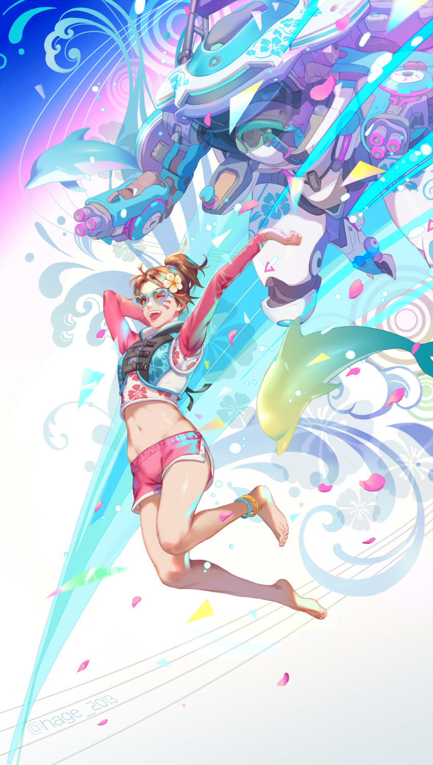 :d ;d absurdres alternate_costume ankle arms_up barefoot brown_eyes brown_hair d.va_(overwatch) dolphin floral_print flower hair_flower hair_ornament heart heart-shaped_eyewear highres jumping life_vest male_swimwear md5_mismatch meka_(overwatch) midriff navel one_eye_closed open_mouth overwatch sae_(revirth) smile sunglasses swim_trunks swimwear teeth toes waveracer_d.va whisker_markings