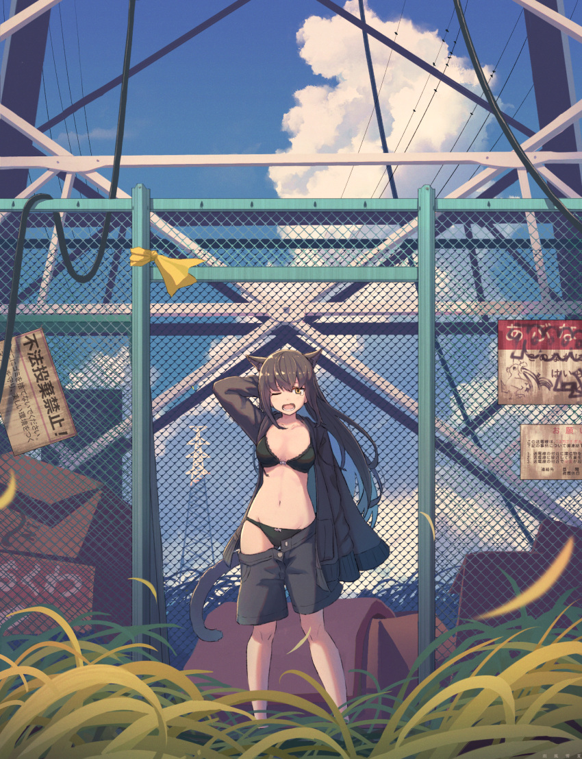 absurdres amekaze_yukinatsu animal_ears arm_up bangs bird black_bra black_hair black_jacket black_panties black_shorts blue_sky blush bow bow_bra bow_panties bra breasts brown_eyes cable cat_ears cat_girl cat_tail chain-link_fence cloud collarbone day eyebrows_visible_through_hair fang fence grass groin hair_between_eyes highres hood hood_down hooded_jacket jacket long_hair long_sleeves md5_mismatch medium_breasts navel on_grass one_eye_closed open_clothes open_jacket open_mouth original outdoors oversized_clothes panties power_lines revision short_shorts shorts shorts_pull sign sky sleeveless sleeveless_turtleneck sleeves_past_wrists solo standing tail tears translation_request transmission_tower turtleneck underwear very_long_hair wind