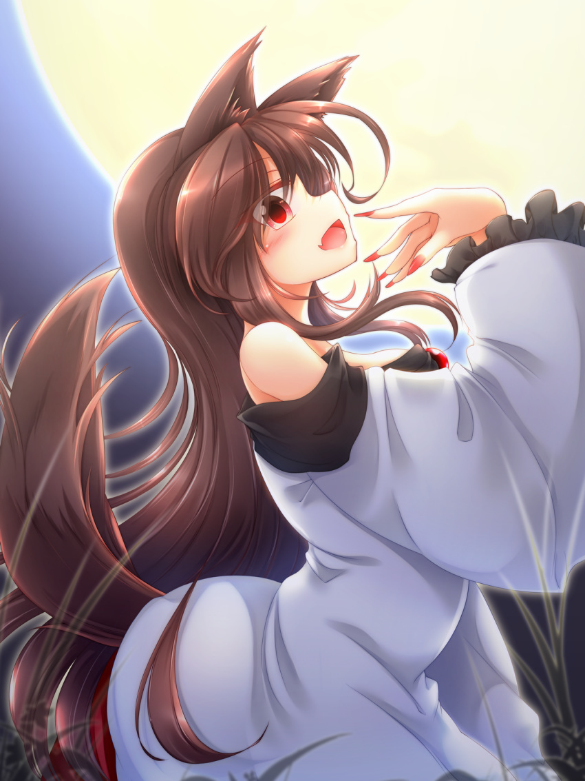 animal_ears blush breasts brooch brown_hair dress fang fingernails full_moon highres imaizumi_kagerou jewelry long_fingernails long_hair long_sleeves looking_at_viewer m9kndi moon nail_polish night open_mouth outdoors red_eyes red_nails solo tail touhou wolf_ears wolf_tail
