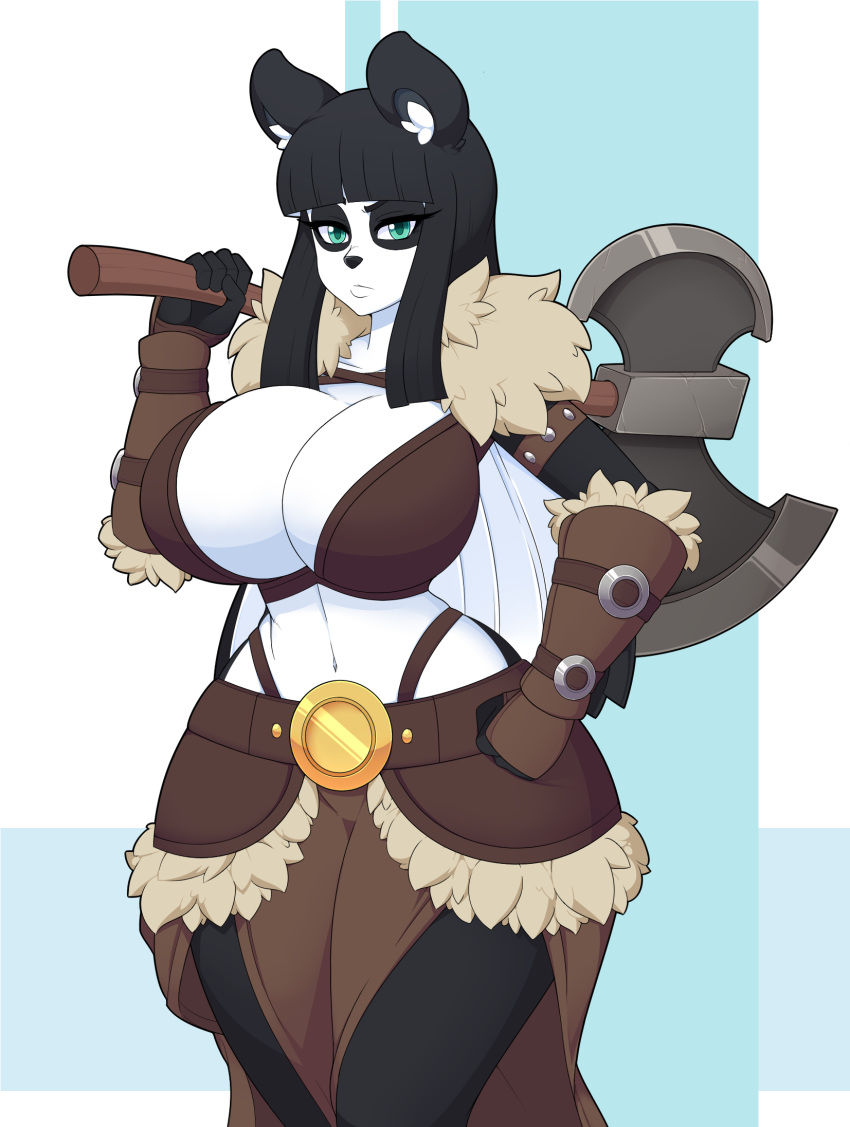 2018 anthro axe battle_axe bear big_breasts black_hair blue_eyes breasts cleavage clothed clothing crankyconstruct female hair hi_res holding_object holding_weapon looking_at_viewer mammal melee_weapon panda solo weapon