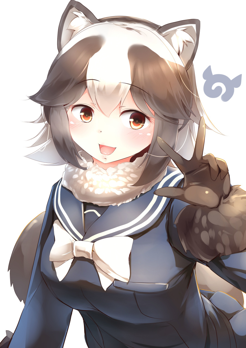 :d absurdres animal_ears blue_serafuku blue_skirt bow bowtie brown_eyes brown_gloves brown_hair commentary eyebrows_visible_through_hair fur-trimmed_sleeves fur_collar fur_trim gloves highres japari_symbol kanzakietc kemono_friends long_sleeves looking_at_viewer medium_hair multicolored_hair open_mouth pleated_skirt raccoon_ears raccoon_tail simple_background skirt smile solo tail tanuki_(kemono_friends) two-tone_hair w white_background white_hair white_neckwear