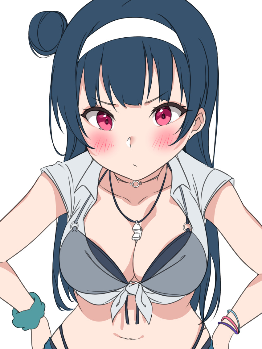 absurdres bangs blue_hair blush bracelet breasts choker cleavage collarbone flat_color hairband hands_on_hips highres jewelry long_hair looking_at_viewer love_live! love_live!_sunshine!! medium_breasts midriff navel o-ring o-ring_bikini purple_eyes shirt short_sleeves side_bun simple_background solo sweatband tem10 tied_shirt tsushima_yoshiko upper_body v-shaped_eyebrows whistle whistle_around_neck white_background wristband