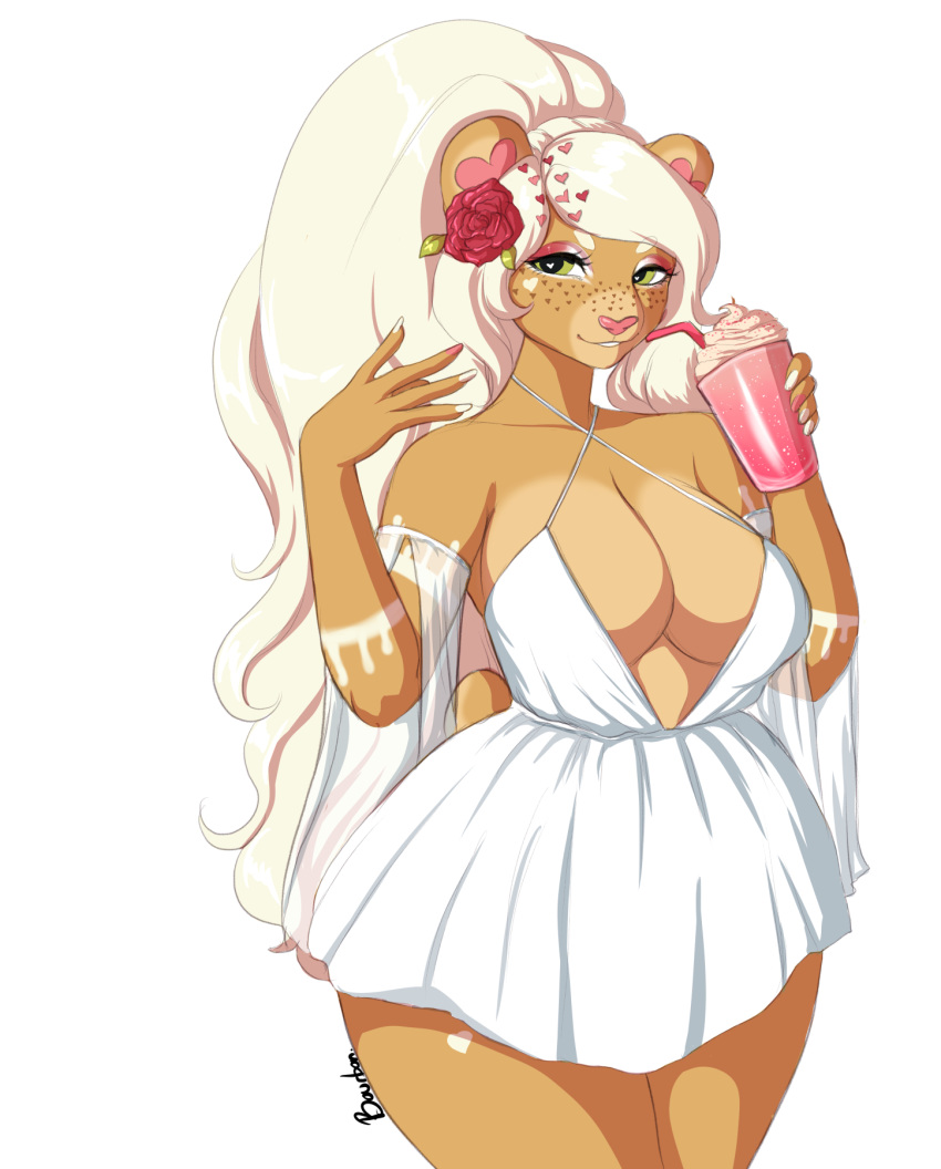 anthro beverage bourbon._(artist) breasts clothed clothing felid female lion looking_at_viewer makeup mammal mascara pantherine smile solo standing