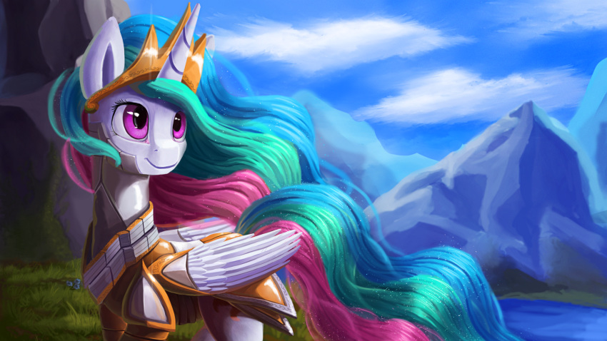 16:9 2017 armor camyllea clothed clothing cloud crown cute cutie_mark detailed_background equine eyelashes feathered_wings feathers female feral friendship_is_magic grass hair hi_res horn lake long_hair mammal mountain multicolored_hair my_little_pony outside portrait princess_celestia_(mlp) purple_eyes rainbow_hair royalty sky smile solo standing wallpaper water white_feathers winged_unicorn wings
