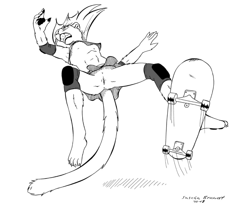 anthro bottomless cat clothed clothing feline female ink invalid_tag lionclaw1 mammal monochrome nude pussy skateboard sport