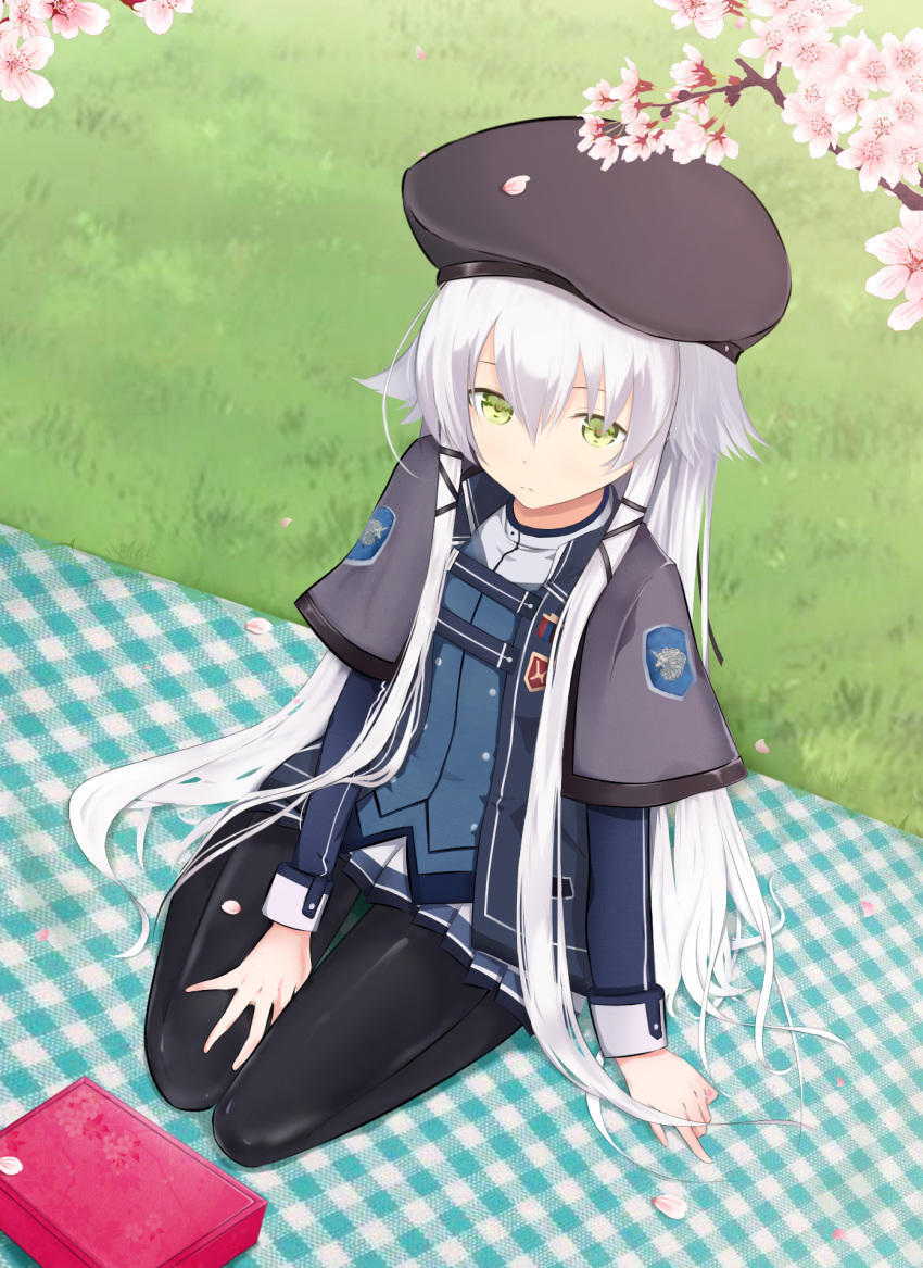 altina_orion between_legs black_legwear blanket capelet cherry_blossoms chinese_commentary commentary_request eiyuu_densetsu expressionless flat_chest full_body grass green_eyes hair_between_eyes hand_between_legs hat highres jacket long_hair long_sleeves looking_at_viewer miniskirt obentou pantyhose petals picnic pleated_skirt qian_qian_hua seiza sen_no_kiseki sidelocks silver_hair sitting skirt solo vest