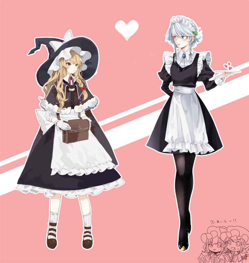 apron bad_id bad_twitter_id bag bangs bat_wings black_capelet black_dress black_footwear black_hat black_legwear blonde_hair blue_eyes blush bow braid breasts brooch brown_footwear capelet chibi chibi_inset clenched_hands collaboration commentary_request dress eyebrows_visible_through_hair fang flandre_scarlet frilled_apron frills full_body fur_trim gloves green_ribbon hair_between_eyes hair_bow hair_ribbon hat hat_bow heart height_difference highres holding holding_bag holding_tray izayoi_sakuya jewelry juliet_sleeves kirisame_marisa lipstick long_hair long_sleeves maid maid_apron maid_headdress makeup medium_breasts mob_cap multiple_girls neck_ribbon open_mouth outline pantyhose parted_lips petticoat pink_background pink_lips pink_lipstick pointy_ears puffy_sleeves red_bow red_neckwear red_ribbon remilia_scarlet ribbon shoes short_hair siblings sidelocks silver_hair simple_background single_braid sisters socks souta_(karasu_no_ouchi) standing takushiima touhou translation_request tray twin_braids waist_apron white_apron white_bow white_gloves white_legwear white_outline wing_collar wings witch_hat yellow_eyes