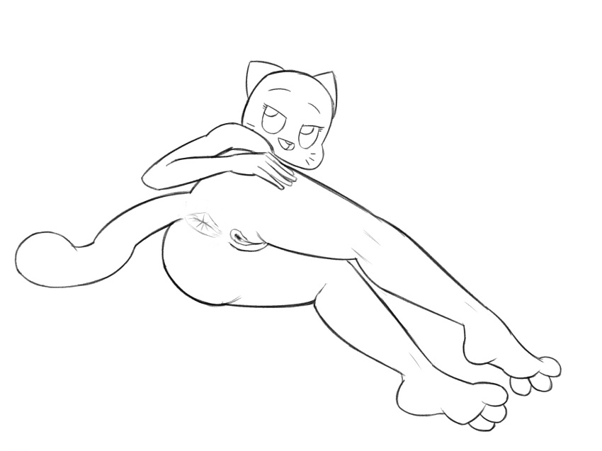 2018 absurd_res anthro anus butt cartoon_network cat digital_media_(artwork) feet feline female half-closed_eyes hand_on_butt hi_res looking_back lying mammal monochrome nicole_watterson nude on_side presenting presenting_hindquarters pussy simple_background smile solo spread_butt spreading the_amazing_world_of_gumball whiskers white_background zambs