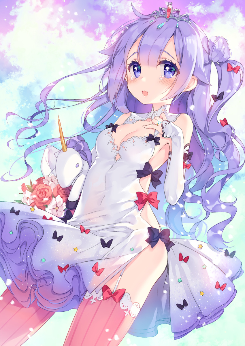 ahoge asymmetrical_hair azur_lane bangs blush bouquet bow breasts bridal_gauntlets cleavage commentary cowboy_shot detached_collar dress eyebrows_visible_through_hair flower garter_straps gem hair_between_eyes hair_bow hair_bun hair_flaps hand_on_own_chest happy_tears highres holding holding_stuffed_animal jewelry long_hair looking_at_viewer manle medium_breasts one_side_up open_mouth pink_legwear purple_eyes purple_hair ring rose side_bun smile solo sparkle standing striped striped_legwear stuffed_alicorn stuffed_animal stuffed_toy tears thighhighs tiara unicorn_(azur_lane) vertical-striped_legwear vertical_stripes wedding_dress wedding_ring white_dress wind
