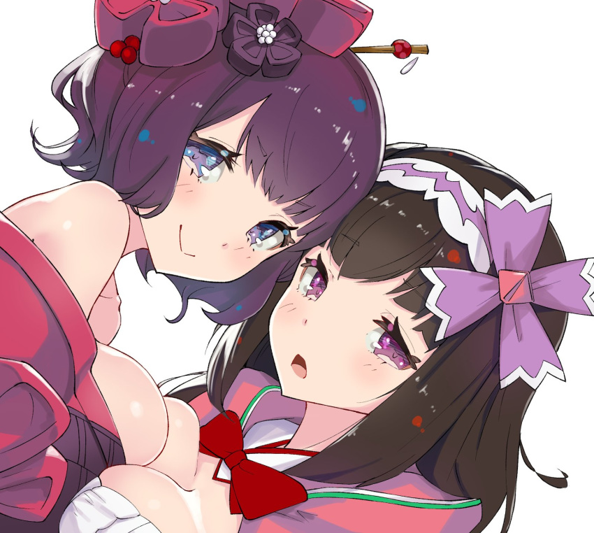 asarokuji asymmetrical_docking bangs bare_shoulders blue_eyes bow bowtie breast_press breasts brown_hair commentary_request dutch_angle eyebrows_visible_through_hair fate/grand_order fate_(series) hair_ornament hairband hairpin highres japanese_clothes katsushika_hokusai_(fate/grand_order) kimono large_breasts long_hair looking_at_viewer multiple_girls off-shoulder_shirt osakabe-hime_(fate/grand_order) parted_bangs purple_eyes purple_hair red_kimono red_neckwear shirt short_hair simple_background smile white_background
