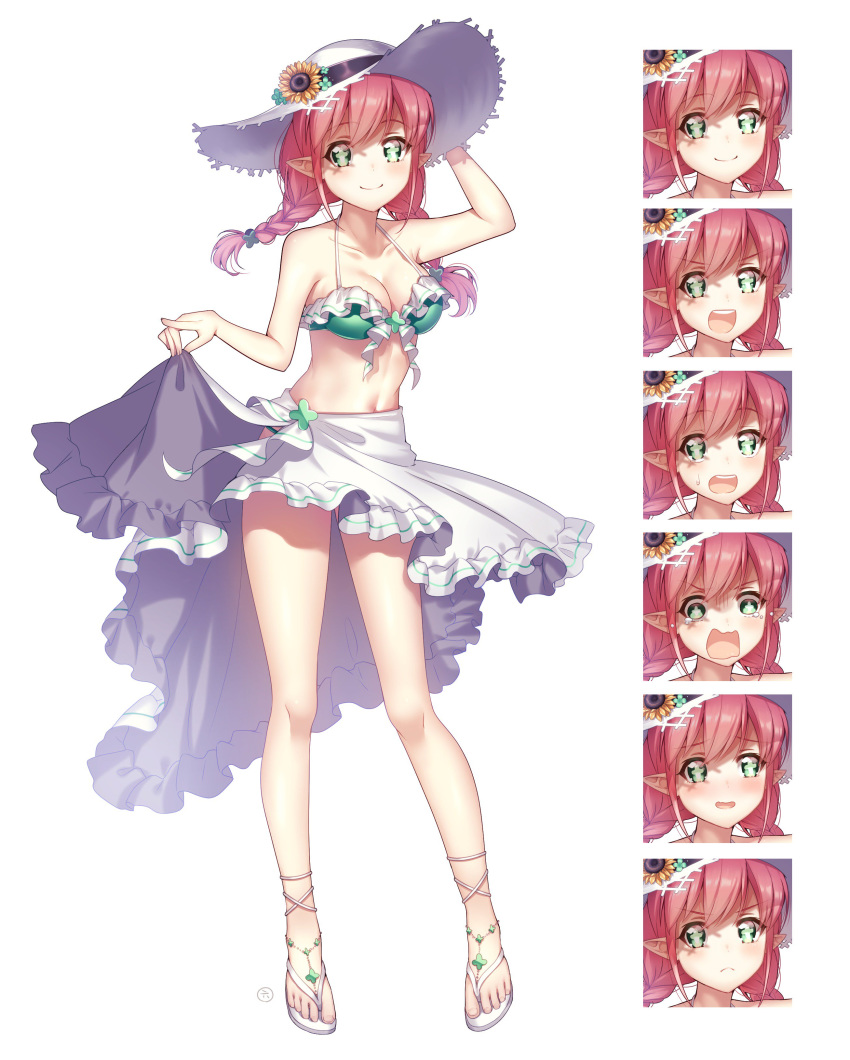 absurdres bare_arms bare_shoulders bikini blush braid breasts cleavage closed_mouth commentary_request expressions flower green_bikini green_eyes hand_up hat hat_flower highres ichiren_namiro looking_at_viewer medium_breasts navel original pointy_ears red_hair sandals sarong simple_background smile solo standing sun_hat sunflower swimsuit twin_braids white_background white_hat