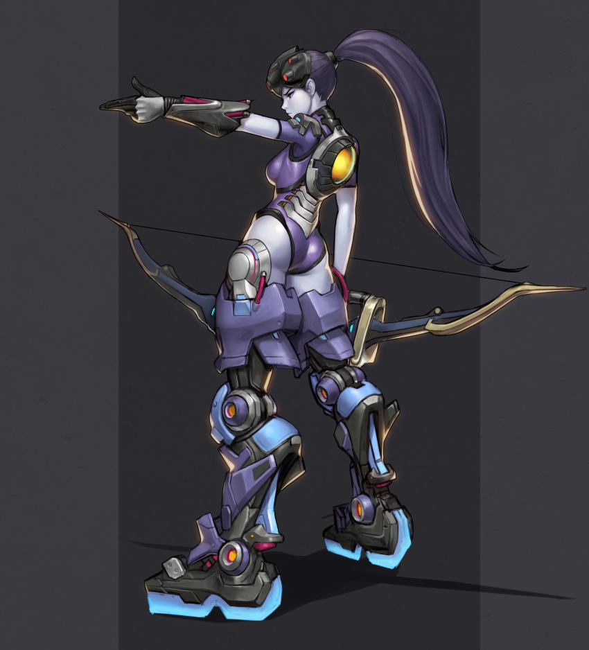 absurdres ass blue_hair blue_skin bow_(weapon) breasts brown_gloves closed_mouth commentary english_commentary from_side full_body fusion gloves grey_background hanzo_(overwatch) highres holding holding_bow_(weapon) holding_weapon jungon_kim legs_apart leotard long_hair lucio_(overwatch) making_of medium_breasts metal_boots night_vision_device overwatch ponytail profile purple_leotard reinhardt_(overwatch) solo standing weapon widowmaker_(overwatch)