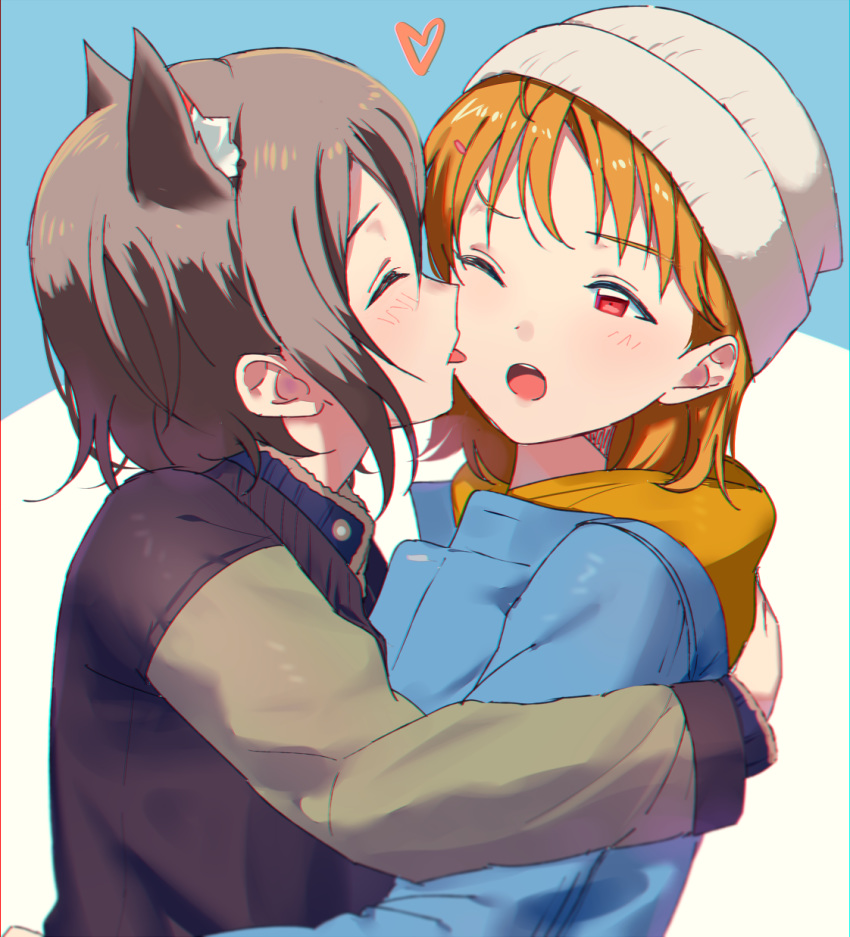 2girls ;o animal_ear_fluff animal_ears bangs beanie blue_coat cat_ears cheek_licking chromatic_aberration eyes_closed face_licking grey_hair hair_ornament hairpin hat heart highres hug kemonomimi_mode licking long_sleeves love_live! love_live!_sunshine!! multiple_girls one_eye_closed orange_hair raglan_sleeves red_eyes sellel short_hair takami_chika upper_body watanabe_you white_hat yuri