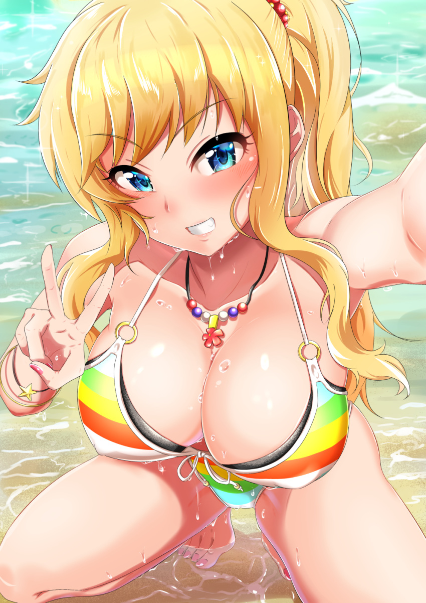 beach bead_necklace beads bikini blonde_hair blue_eyes breasts cleavage covered_nipples day dripping fingernails from_above highres idolmaster idolmaster_cinderella_girls jewelry kapa_(kappa_yousai) large_breasts looking_at_viewer nail_polish necklace ocean ootsuki_yui pendant pink_nails ponytail rainbow_bikini reaching_out self_shot smile solo squatting striped striped_bikini swimsuit toenail_polish toenails v wet