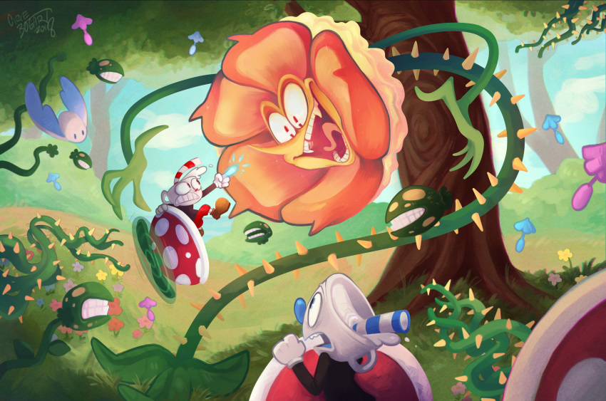 2018 absurd_res animate_inanimate battle cagney_carnation cuphead_(character) cuphead_(game) flora_fauna flower grass hi_res humanoid male mugman object_head plant puppetology teeth tree video_games