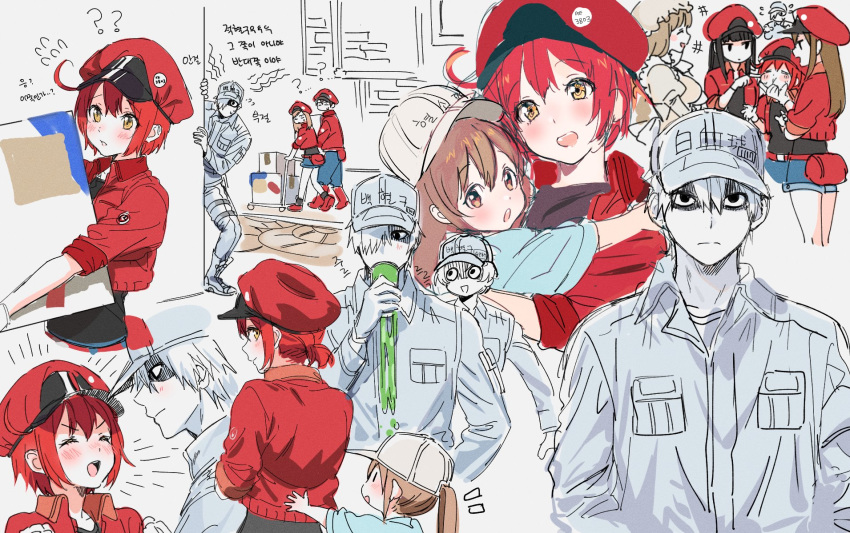 6+girls aa-5100 ae-3803 blush box brown_hair cabbie_hat carrying check_translation closed_eyes comic cup drinking flat_cap girl_sandwich happy hat hataraku_saibou highres hug korean looking_at_another macrophage_(hataraku_saibou) mery_(apfl0515) multiple_boys multiple_girls nt-4201 partially_translated peeking_out platelet_(hataraku_saibou) ponytail red_blood_cell_(hataraku_saibou) red_hair sandwiched shaded_face smile stalking translation_request u-1146 u-4989 white_blood_cell_(hataraku_saibou) white_hair