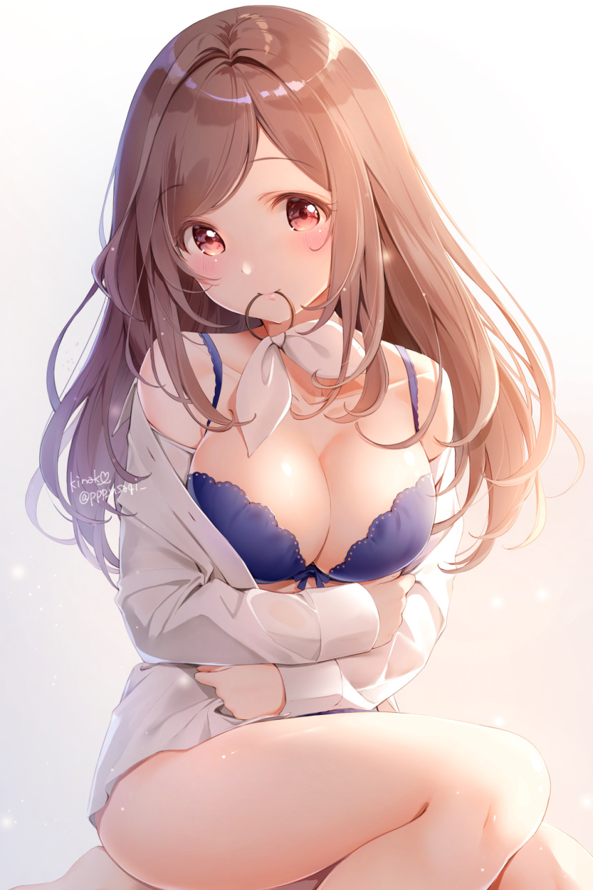 arms_under_breasts bangs bare_shoulders blouse blue_bow blue_bra blush bow bow_bra bra breast_hold breasts brown_hair cleavage collarbone colored_eyelashes commentary_request eyebrows_visible_through_hair gradient gradient_background grey_background hair_bow head_tilt highres idolmaster idolmaster_shiny_colors large_breasts long_hair looking_at_viewer mouth_hold open_blouse open_clothes pink_eyes ribbon shiny shiny_hair shiny_skin shiratama_akane signature sitting solo thighs tsukioka_kogane twitter_username unbuttoned underwear white_background white_blouse